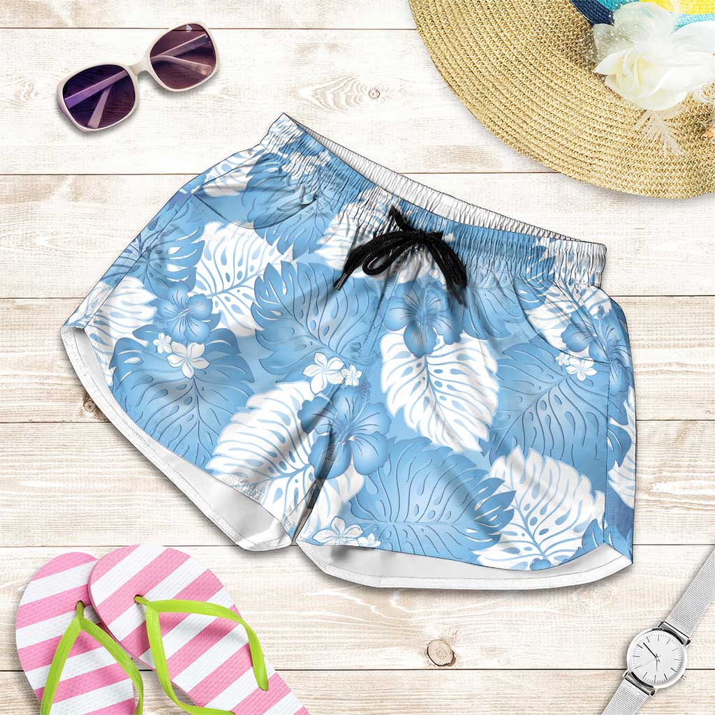 Blue Aloha Hawaii Shorts for Women Monstera Hibiscus Plumeria Seamless Vibes - Polynesian Pride
