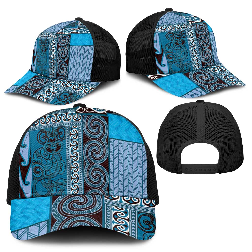 Blue Aotearoa Kowhaiwhai Pattern Baseball Net Cap NZ Maori Quilt Style - Polynesian Pride