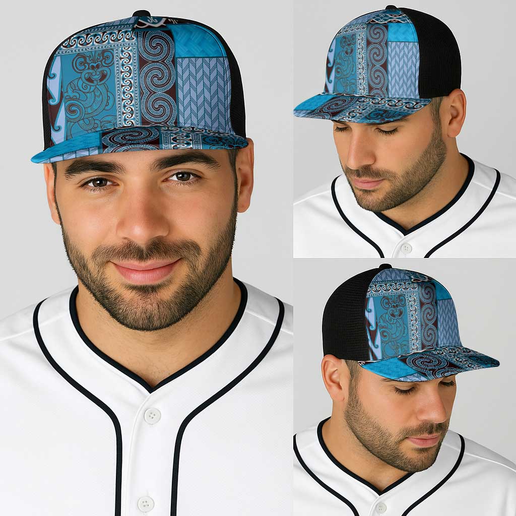 Blue Aotearoa Kowhaiwhai Pattern Baseball Net Cap NZ Maori Quilt Style - Polynesian Pride