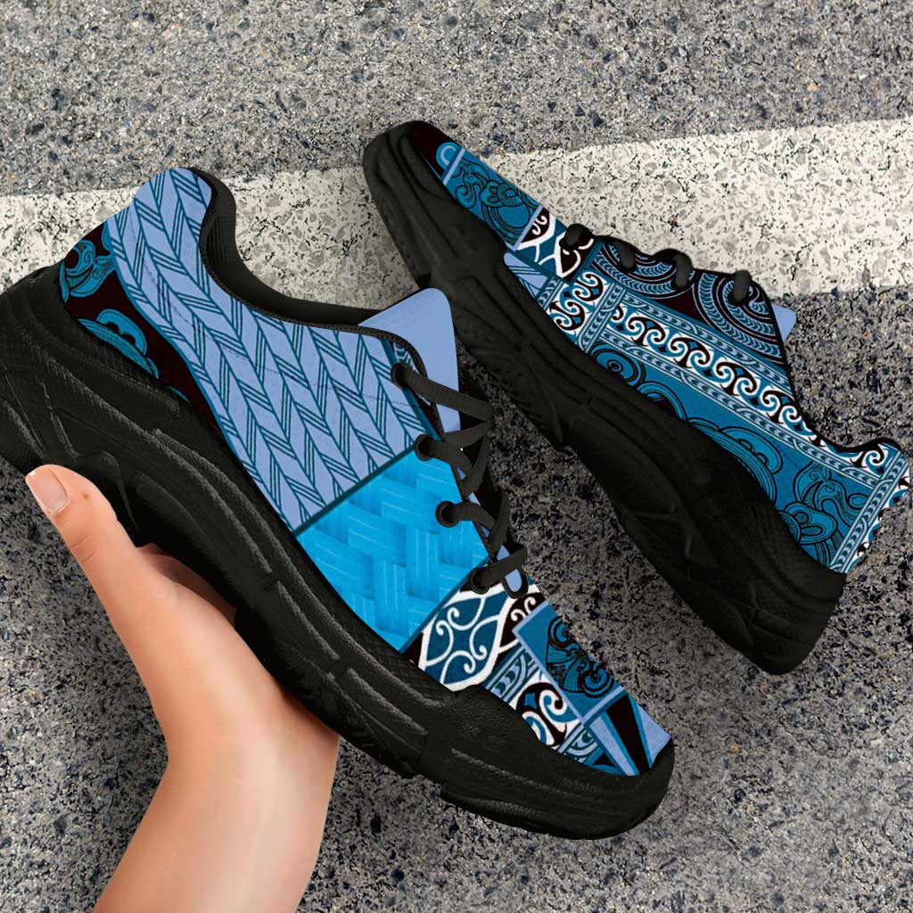 Blue Aotearoa Kowhaiwhai Pattern Chunky Sneakers NZ Maori Quilt Style - Polynesian Pride
