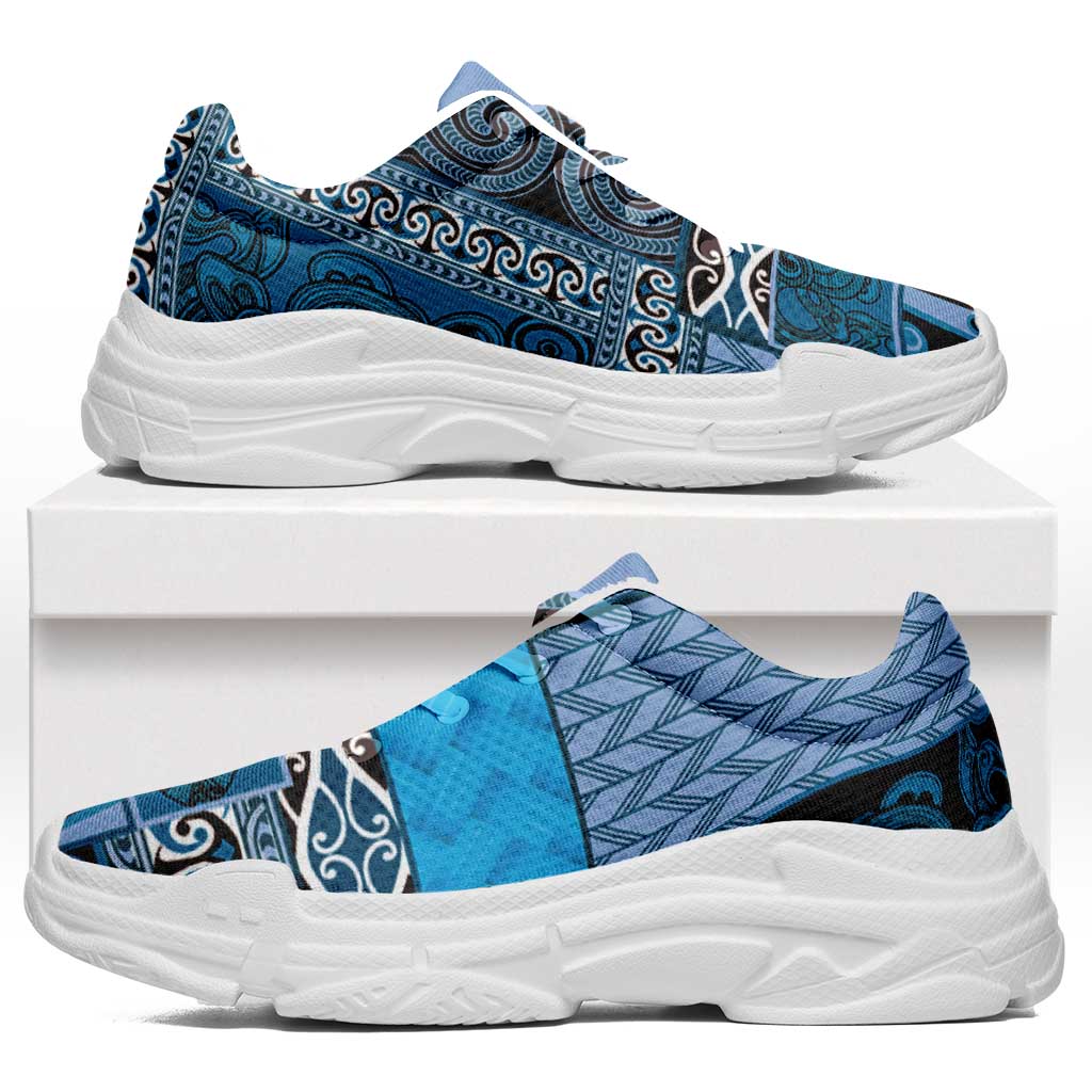 Blue Aotearoa Kowhaiwhai Pattern Chunky Sneakers NZ Maori Quilt Style - Polynesian Pride