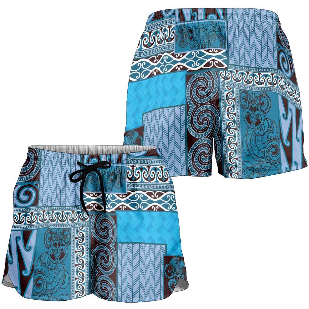 Blue Aotearoa Kowhaiwhai Pattern Shorts for Women NZ Maori Quilt Style - Polynesian Pride