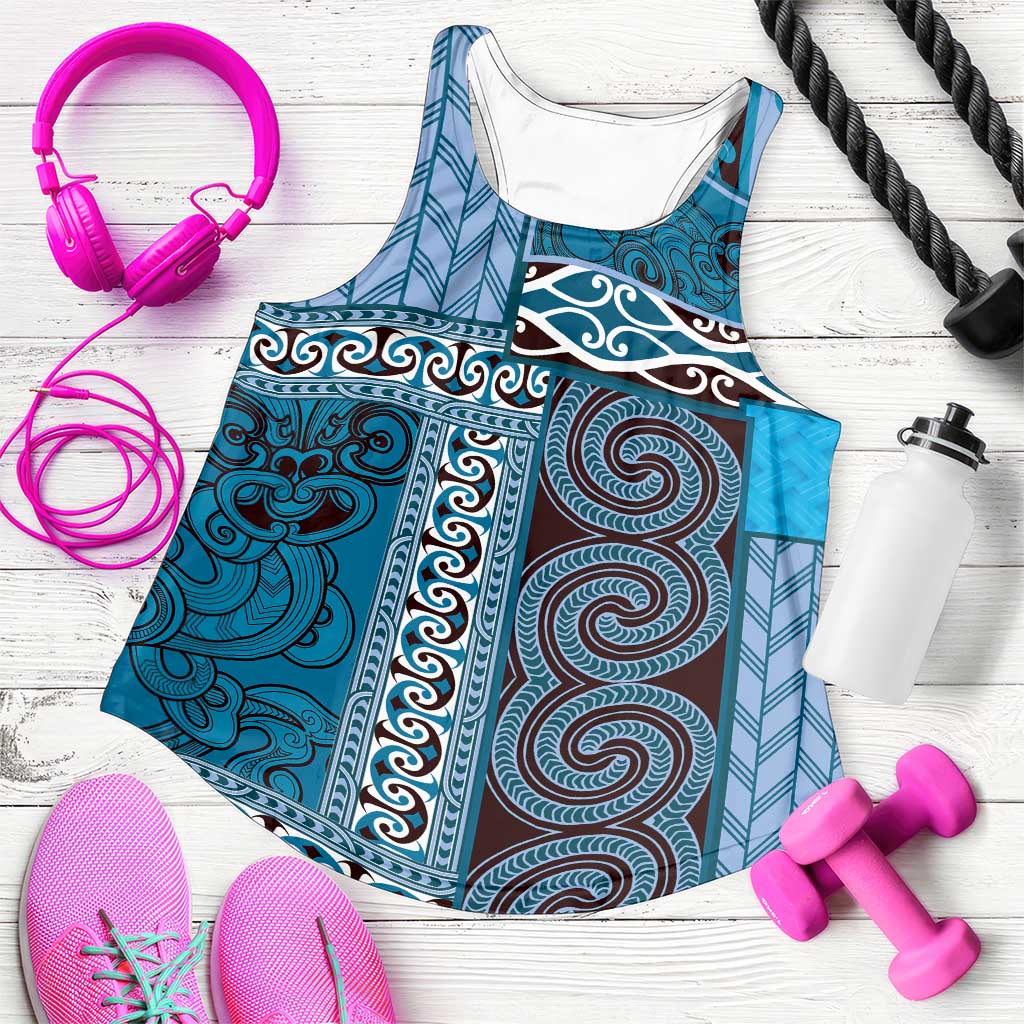 Blue Aotearoa Kowhaiwhai Pattern Women Racerback Tank NZ Maori Quilt Style - Polynesian Pride