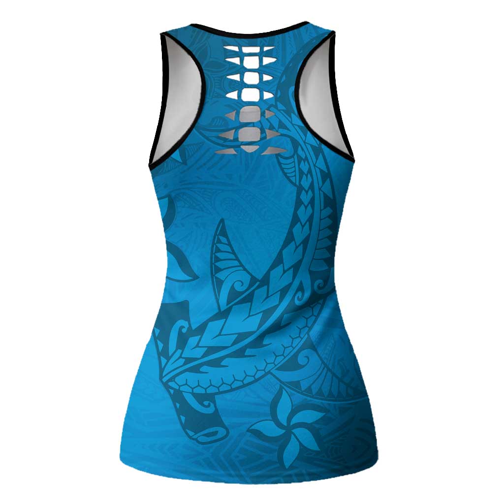 Blue Gradient Polynesia Hollow Tank Top Hawaiian Tribal Hammerhead Shark Tattoo LT14 - Polynesian Pride