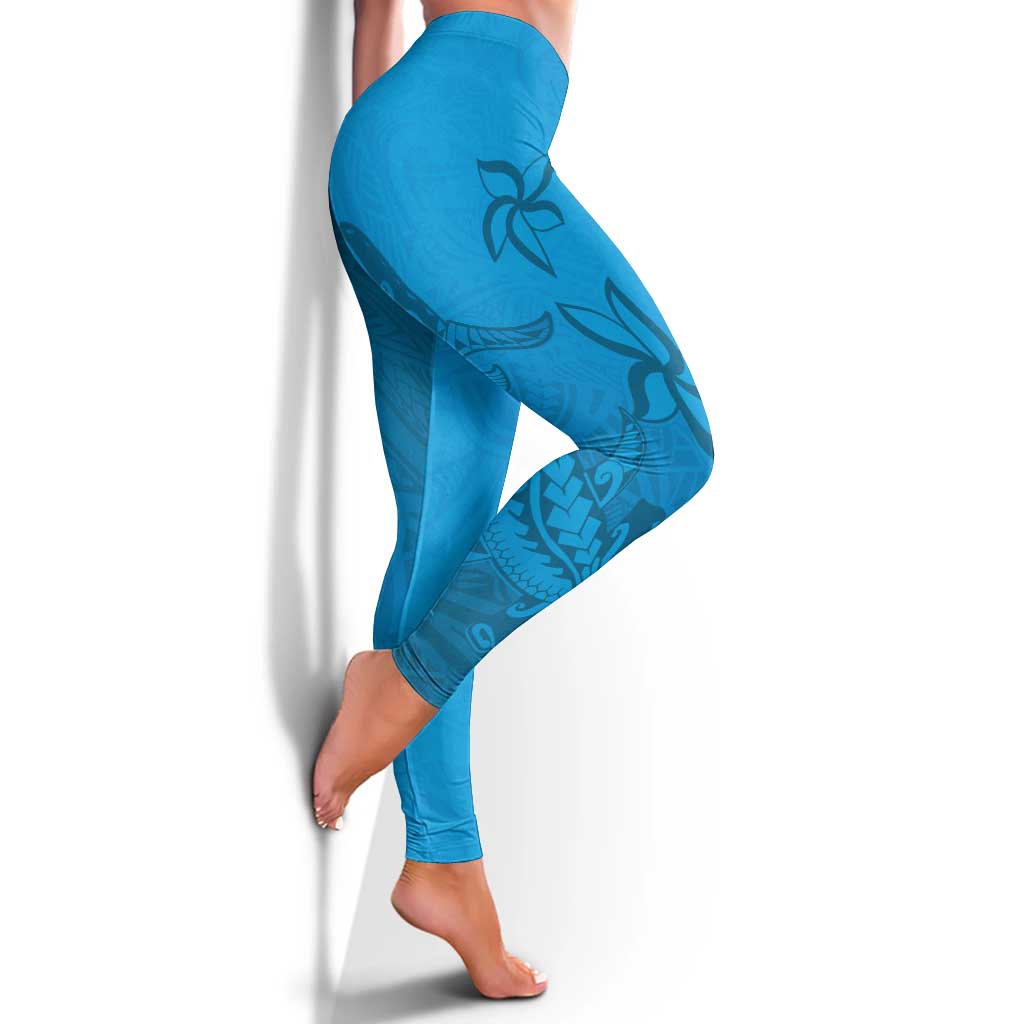 Blue Gradient Polynesia Leggings Hawaiian Tribal Hammerhead Shark Tattoo - Polynesian Pride