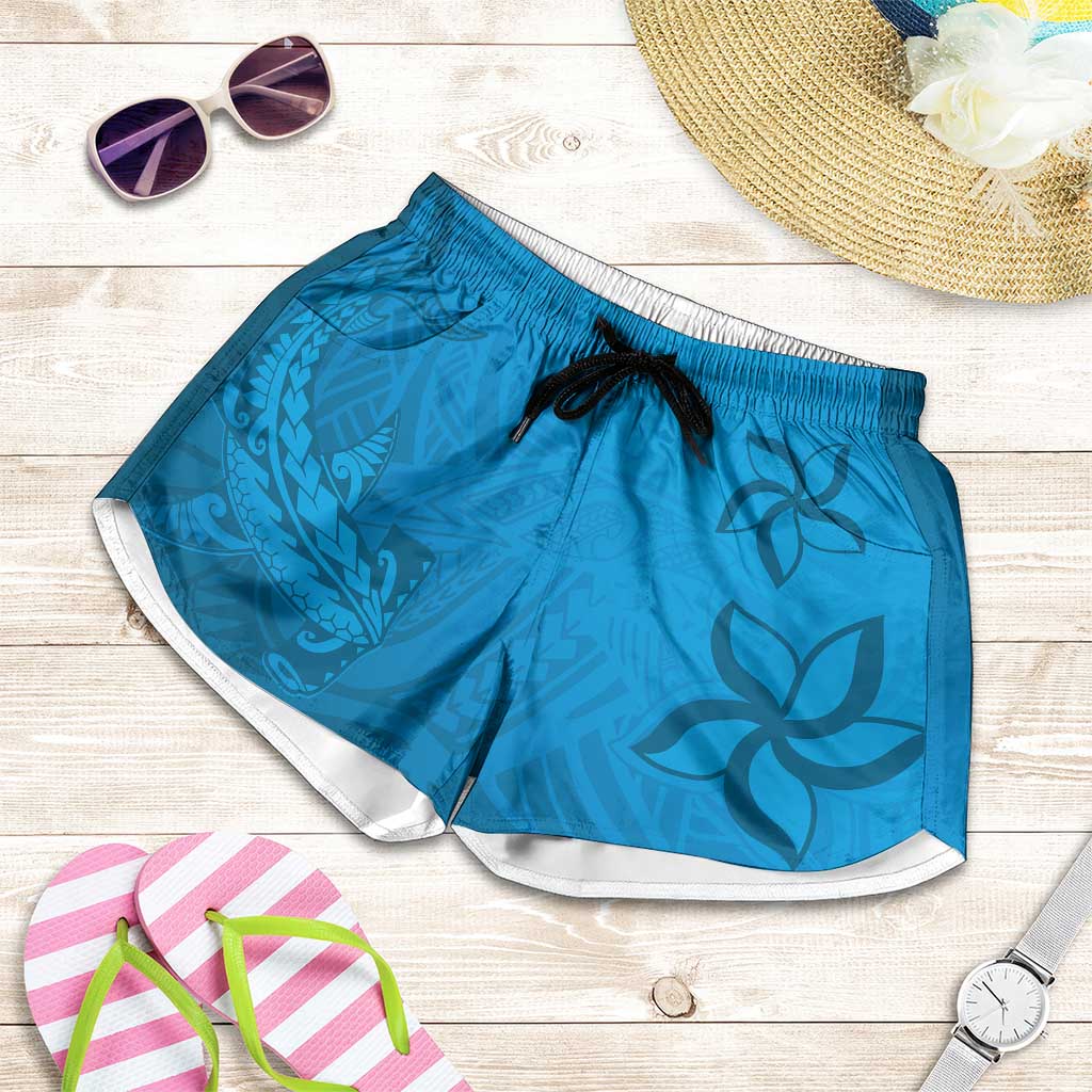 Blue Gradient Polynesia Shorts for Women Hawaiian Tribal Hammerhead Shark Tattoo LT14 Blue - Polynesian Pride