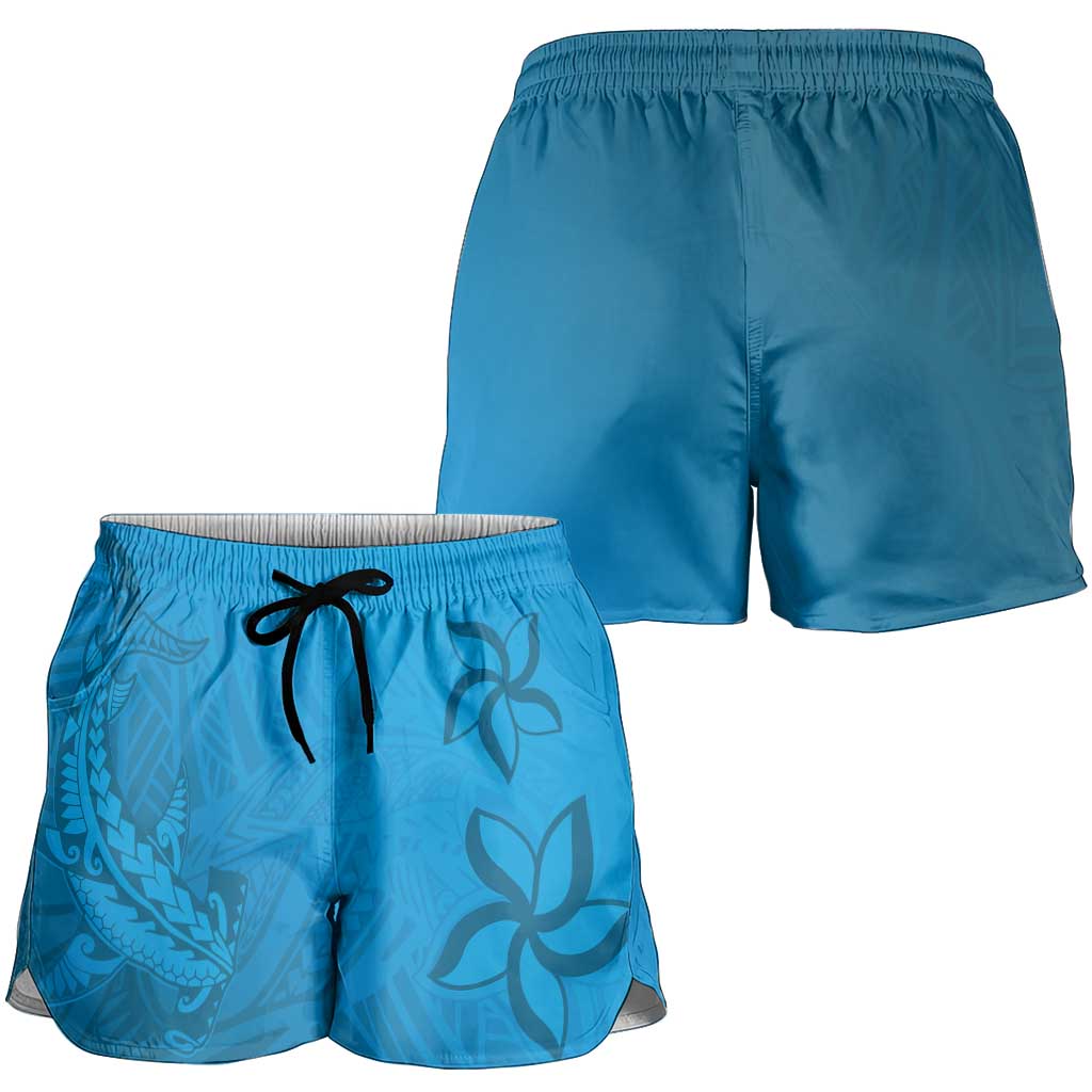 Blue Gradient Polynesia Shorts for Women Hawaiian Tribal Hammerhead Shark Tattoo LT14 - Polynesian Pride