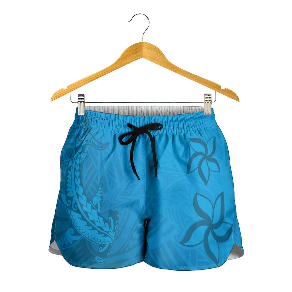 Blue Gradient Polynesia Shorts for Women Hawaiian Tribal Hammerhead Shark Tattoo LT14 - Polynesian Pride