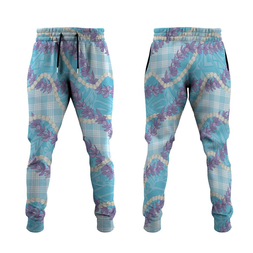 Blue Hawaii Palaka Honohono Pikake Jogger Pants Hawaiian Orchid Lei Polynesian Pattern LT14 Blue - Polynesian Pride