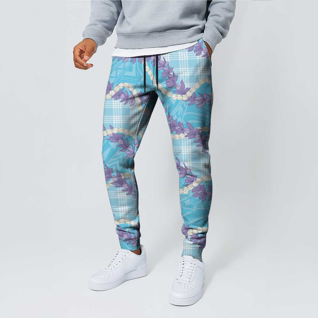 Blue Hawaii Palaka Honohono Pikake Jogger Pants Hawaiian Orchid Lei Polynesian Pattern LT14 - Polynesian Pride
