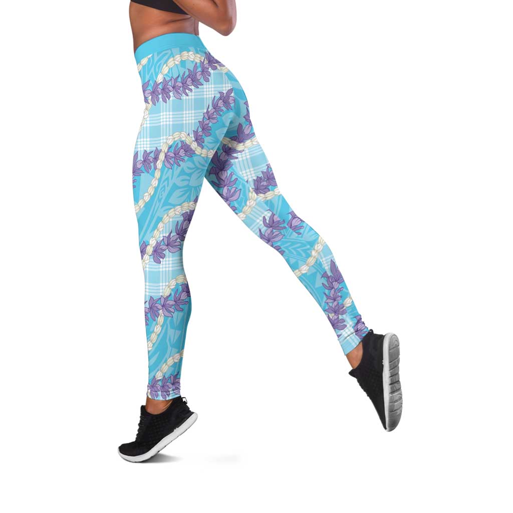 Blue Hawaii Palaka Honohono Pikake Leggings Hawaiian Orchid Lei Polynesian Pattern - Polynesian Pride