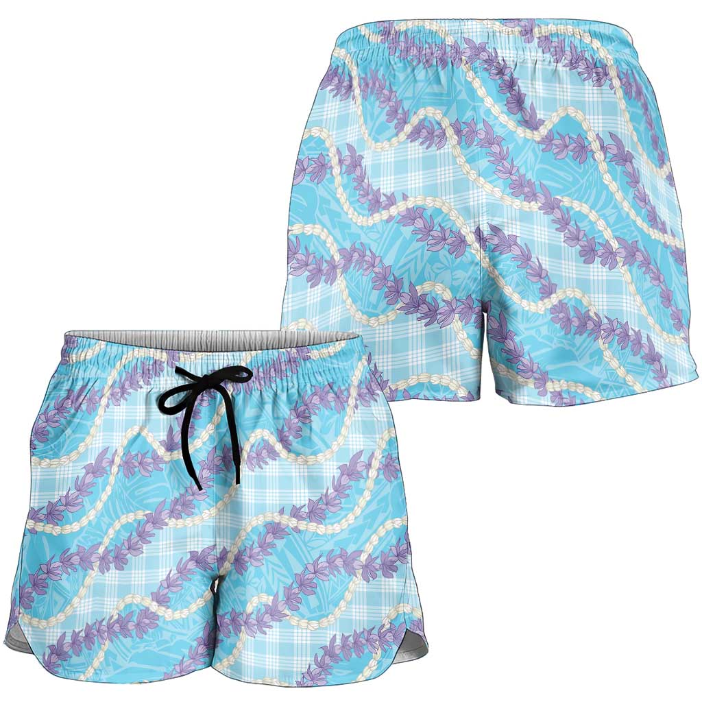 Blue Hawaii Palaka Honohono Pikake Shorts for Women Hawaiian Orchid Lei Polynesian Pattern LT14 - Polynesian Pride