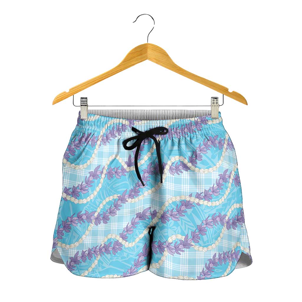 Blue Hawaii Palaka Honohono Pikake Shorts for Women Hawaiian Orchid Lei Polynesian Pattern LT14 - Polynesian Pride