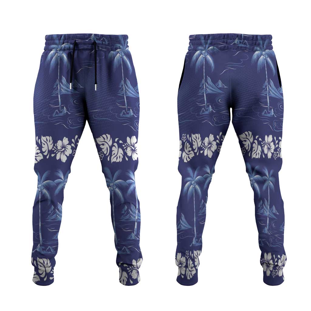Blue Hawaii Palm Tree Hibiscus Jogger Pants Fantasy Summer Vibe