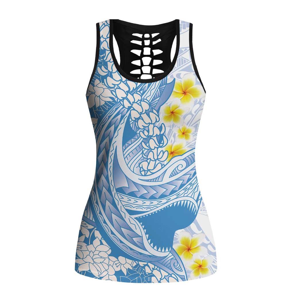 Blue Hawaii Shark Tattoo Hollow Tank Top Puakenikeni Lei Plumeria Polynesian Pattern LT14 Female Blue - Polynesian Pride