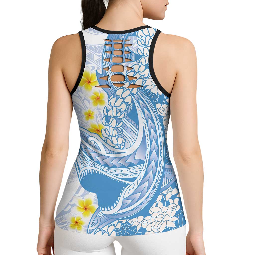 Blue Hawaii Shark Tattoo Hollow Tank Top Puakenikeni Lei Plumeria Polynesian Pattern LT14 - Polynesian Pride