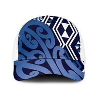 Blue New Zealand Mesh Trucker Cap Aotearoa Kowhaiwhai Mix Taniko Art - Polynesian Pride