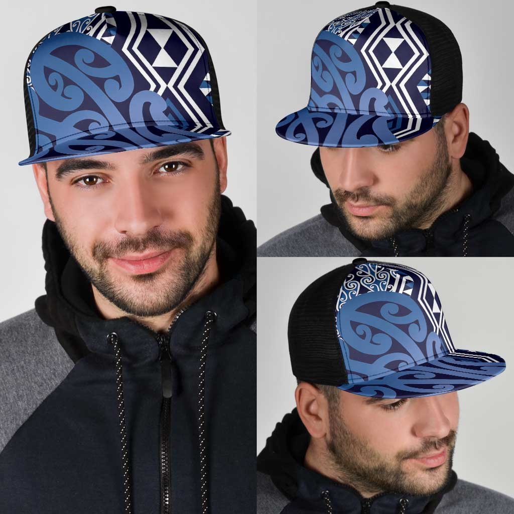 Blue New Zealand Mesh Trucker Cap Aotearoa Kowhaiwhai Mix Taniko Art - Polynesian Pride
