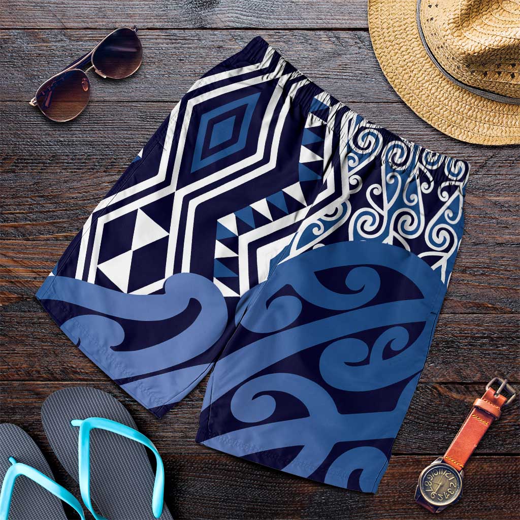 Blue New Zealand Shorts for Men Aotearoa Kowhaiwhai Mix Taniko Art LT14 Blue - Polynesian Pride