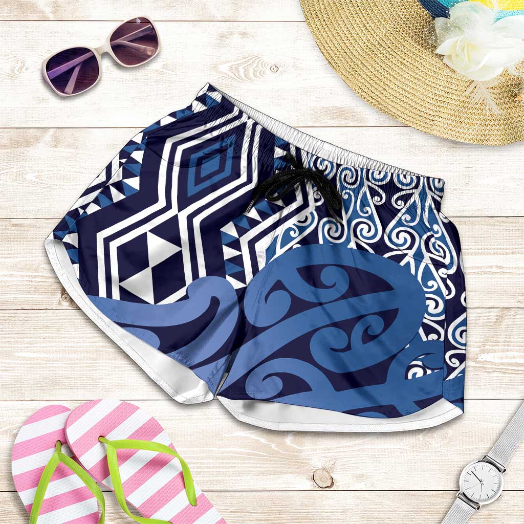Blue New Zealand Shorts for Women Aotearoa Kowhaiwhai Mix Taniko Art LT14 Blue - Polynesian Pride