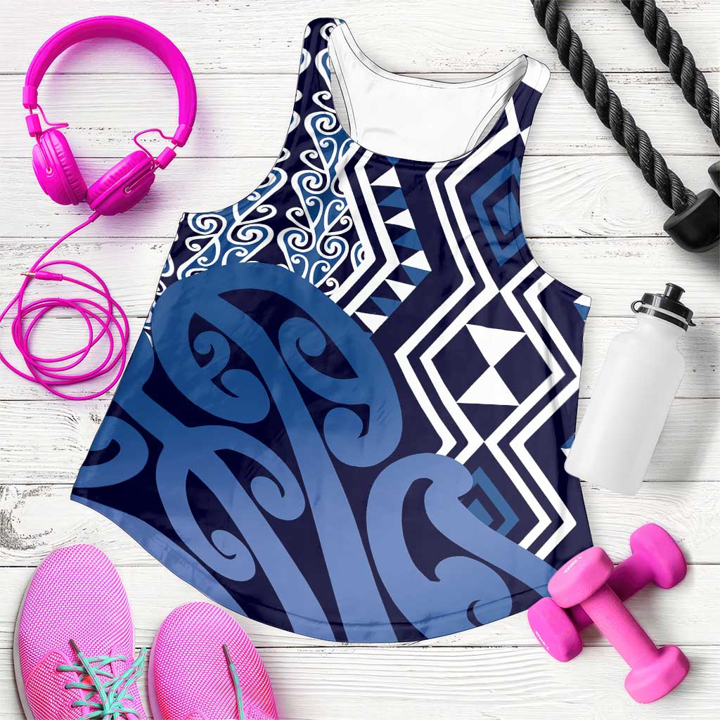 Blue New Zealand Women Racerback Tank Aotearoa Kowhaiwhai Mix Taniko Art LT14