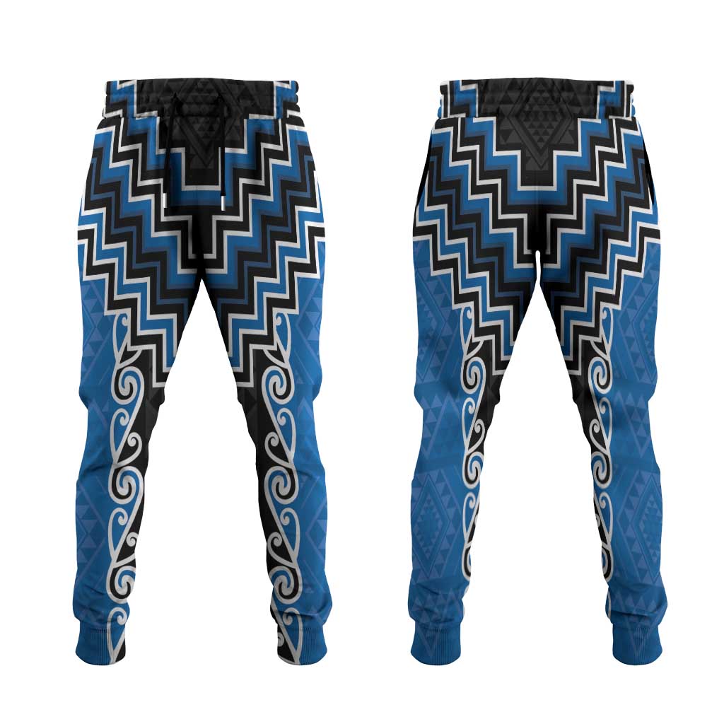 Blue Niho Taniwha Mix Poutama Jogger Pants Unique Taniko Aotearoa - Polynesian Pride