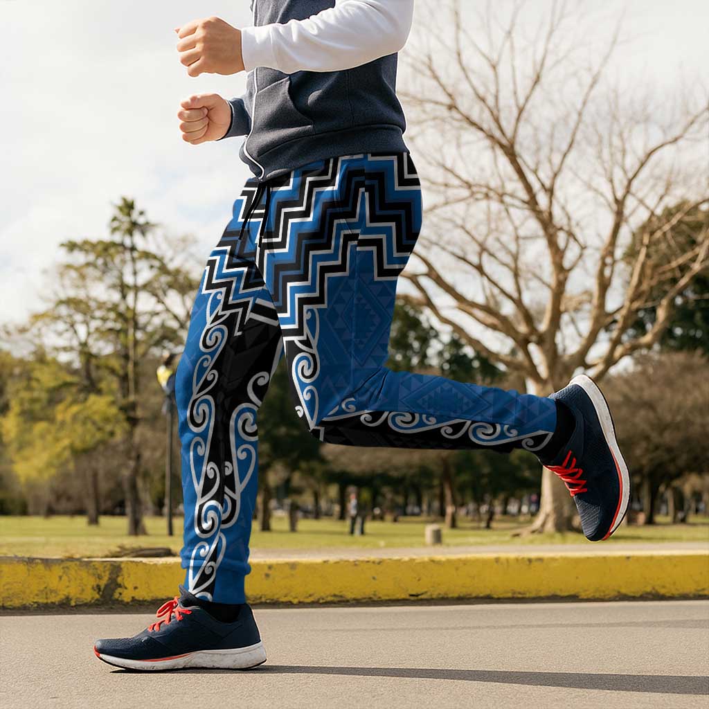 Blue Niho Taniwha Mix Poutama Jogger Pants Unique Taniko Aotearoa - Polynesian Pride