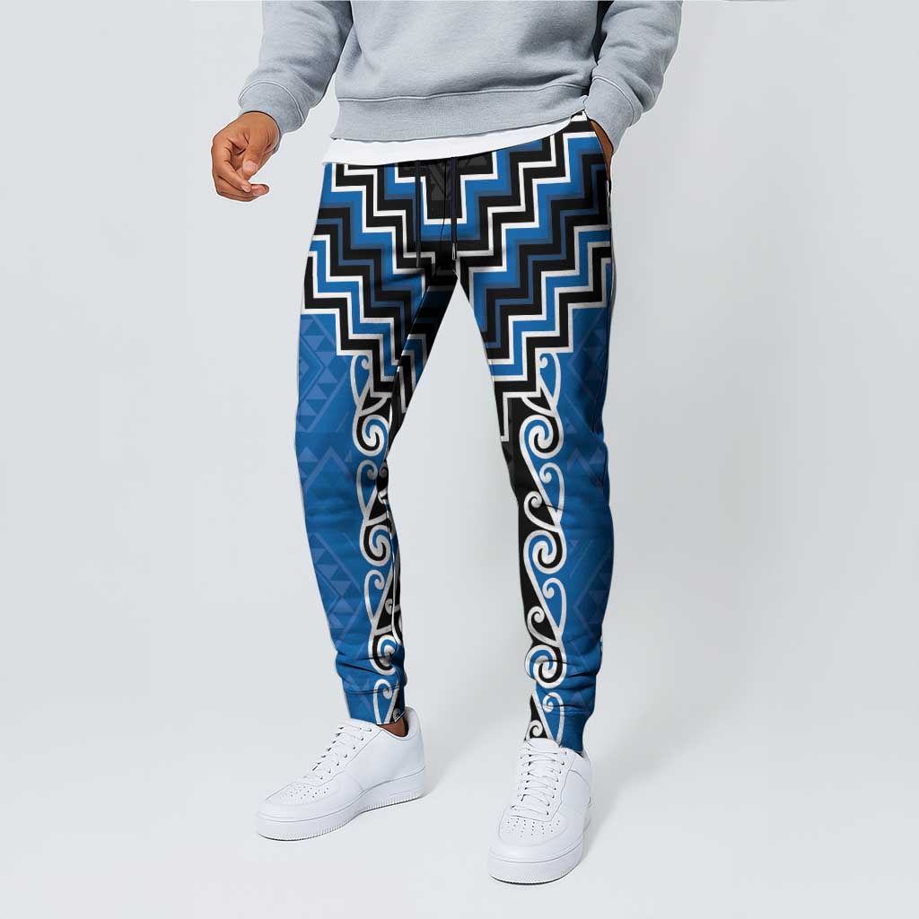 Blue Niho Taniwha Mix Poutama Jogger Pants Unique Taniko Aotearoa - Polynesian Pride