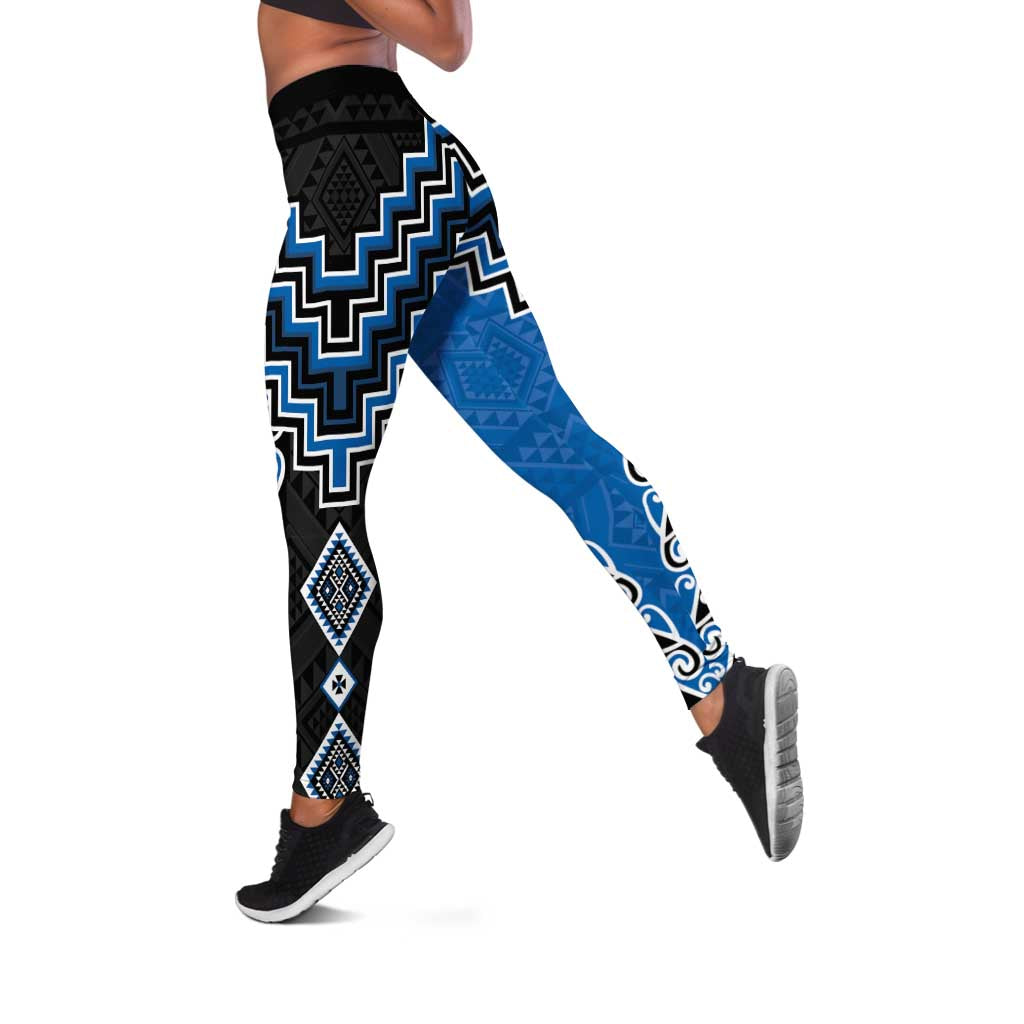 Blue Niho Taniwha Mix Poutama Leggings Unique Taniko Aotearoa LT01 Blue - Polynesian Pride