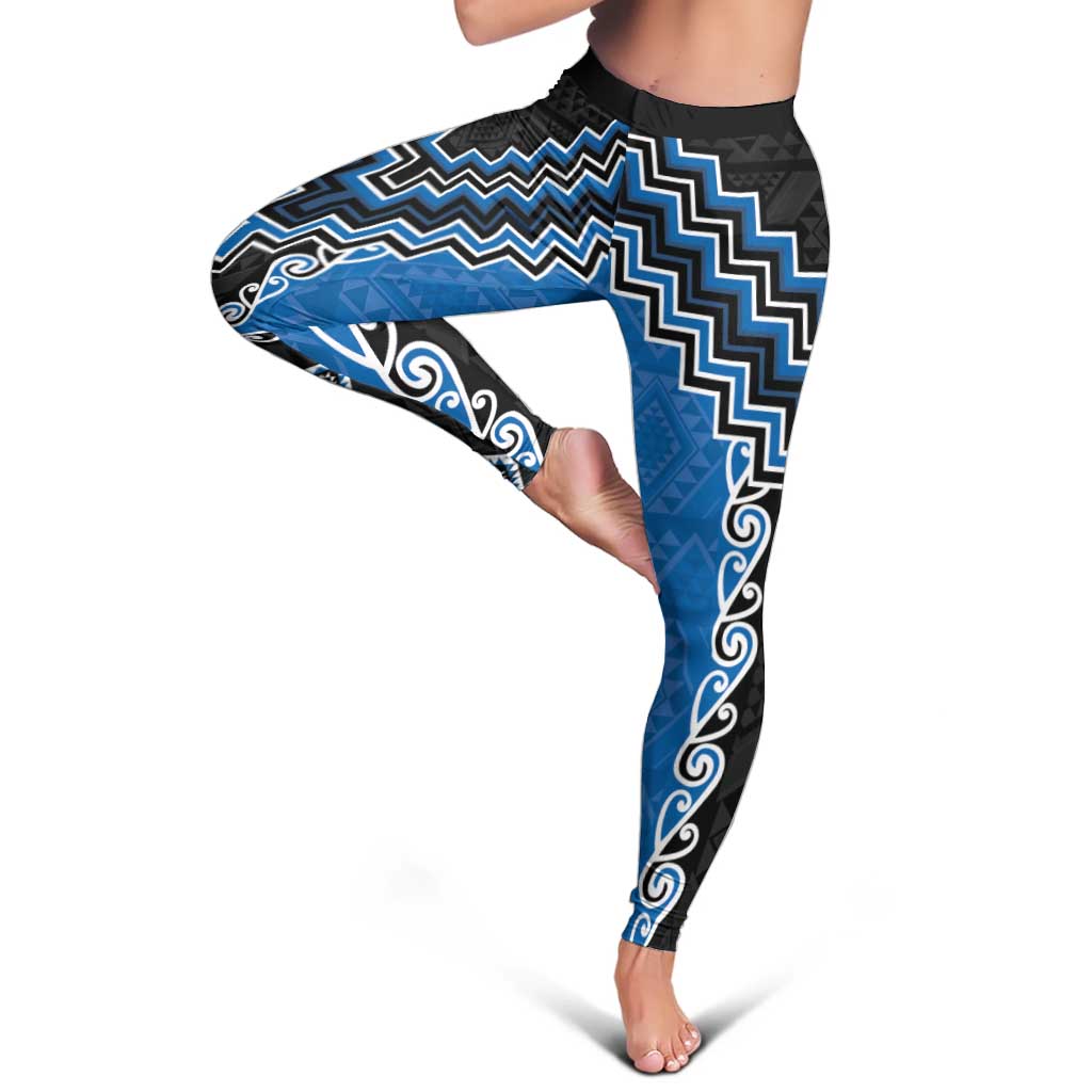Blue Niho Taniwha Mix Poutama Leggings Unique Taniko Aotearoa LT01 - Polynesian Pride