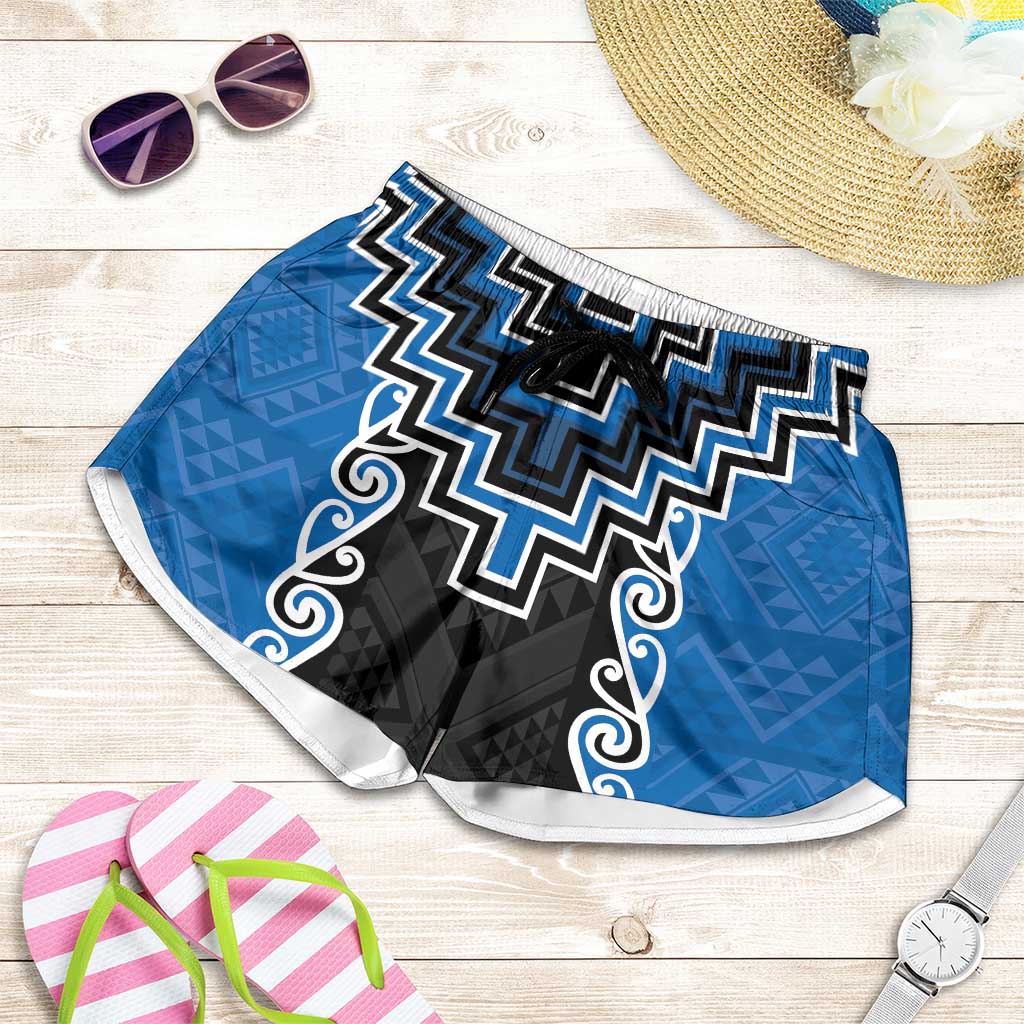 Blue Niho Taniwha Mix Poutama Shorts for Women Unique Taniko Aotearoa LT01 Blue - Polynesian Pride