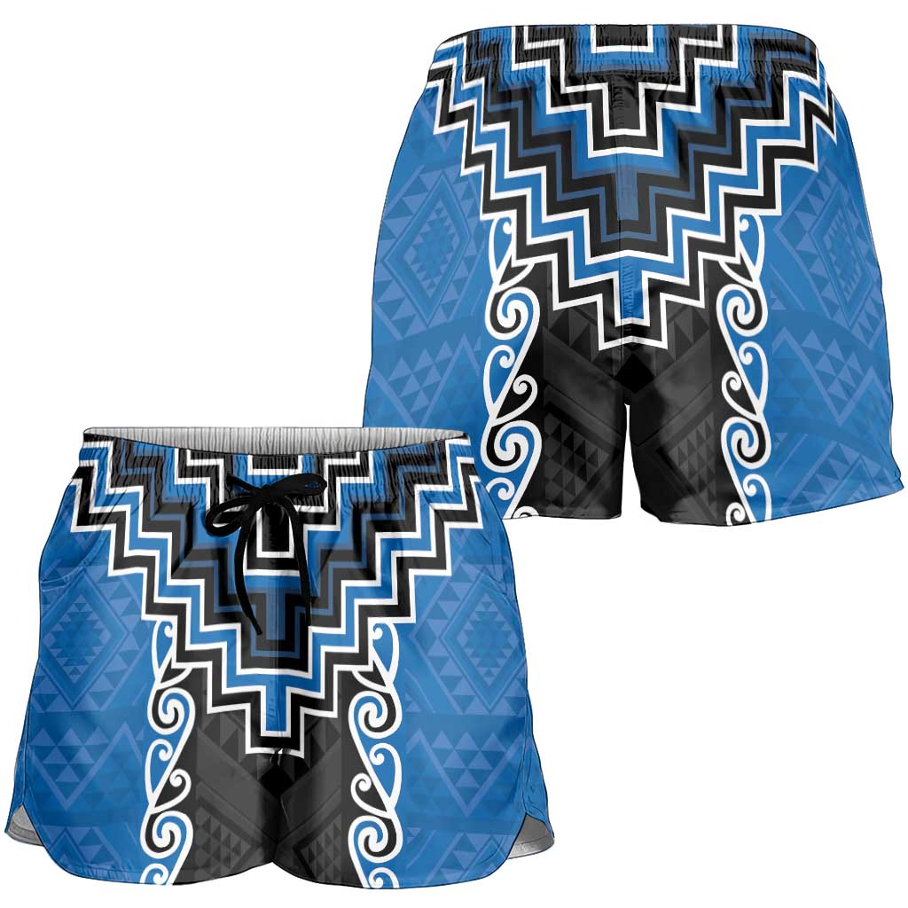 Blue Niho Taniwha Mix Poutama Shorts for Women Unique Taniko Aotearoa LT01 - Polynesian Pride