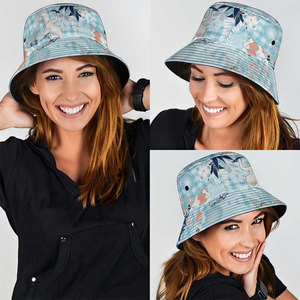 Blue Palaka Crane and Flowers Bucket Hat Japan Heritage Spirit - Polynesian Pride