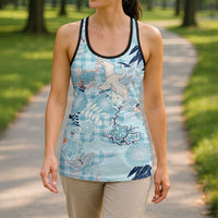 Blue Palaka Crane and Flowers Hollow Tank Top Japan Heritage Spirit LT9 - Polynesian Pride
