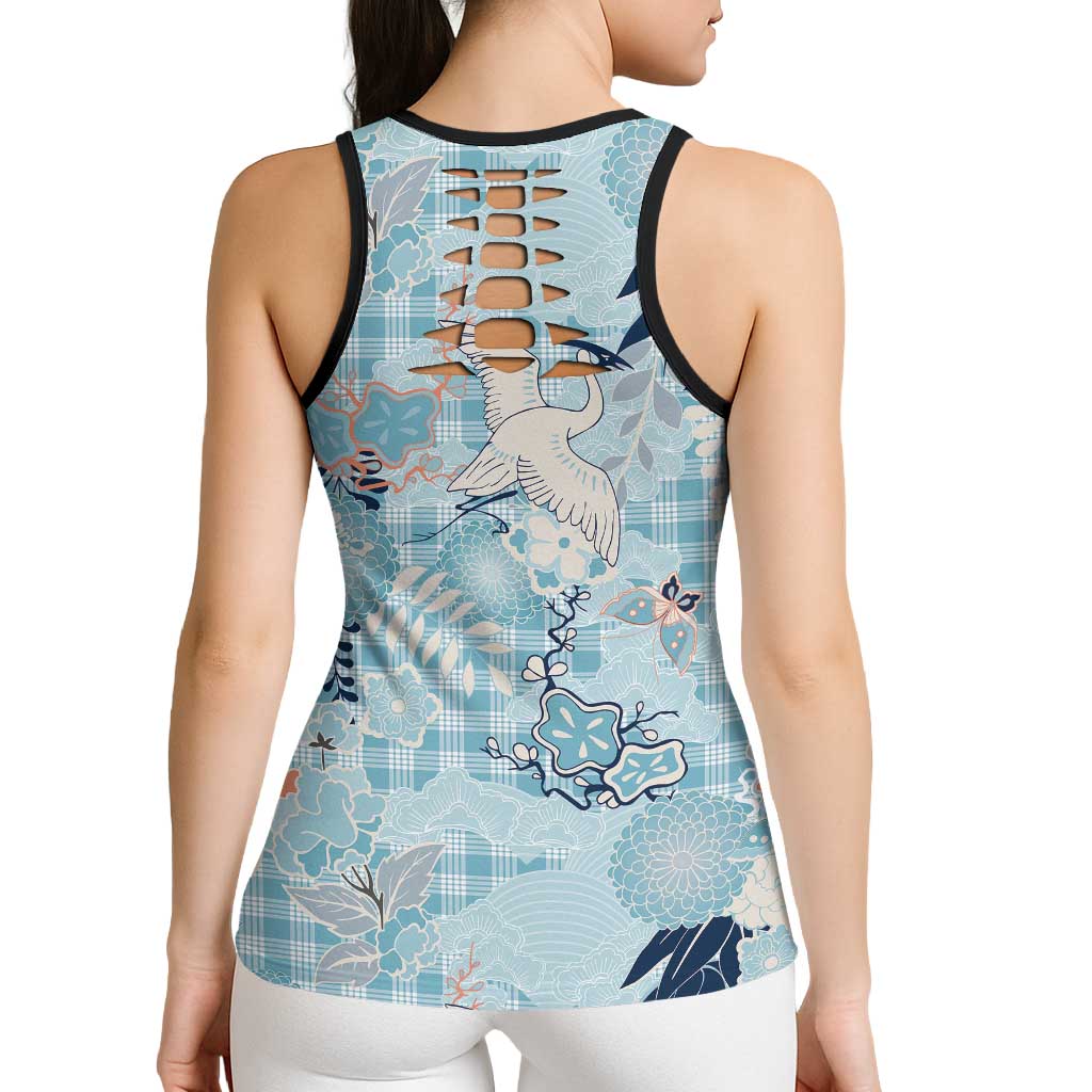 Blue Palaka Crane and Flowers Hollow Tank Top Japan Heritage Spirit LT9 - Polynesian Pride