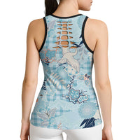 Blue Palaka Crane and Flowers Hollow Tank Top Japan Heritage Spirit LT9 - Polynesian Pride