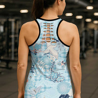 Blue Palaka Crane and Flowers Hollow Tank Top Japan Heritage Spirit LT9 - Polynesian Pride