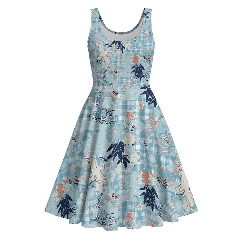 Blue Palaka Crane and Flowers Midi Dress Japan Heritage Spirit - Polynesian Pride