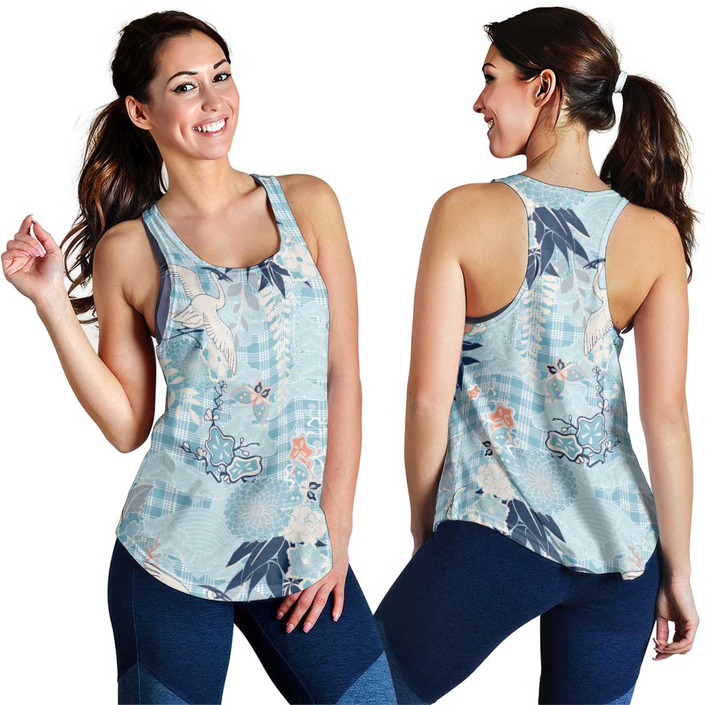 Blue Palaka Crane and Flowers Women Racerback Tank Japan Heritage Spirit - Polynesian Pride