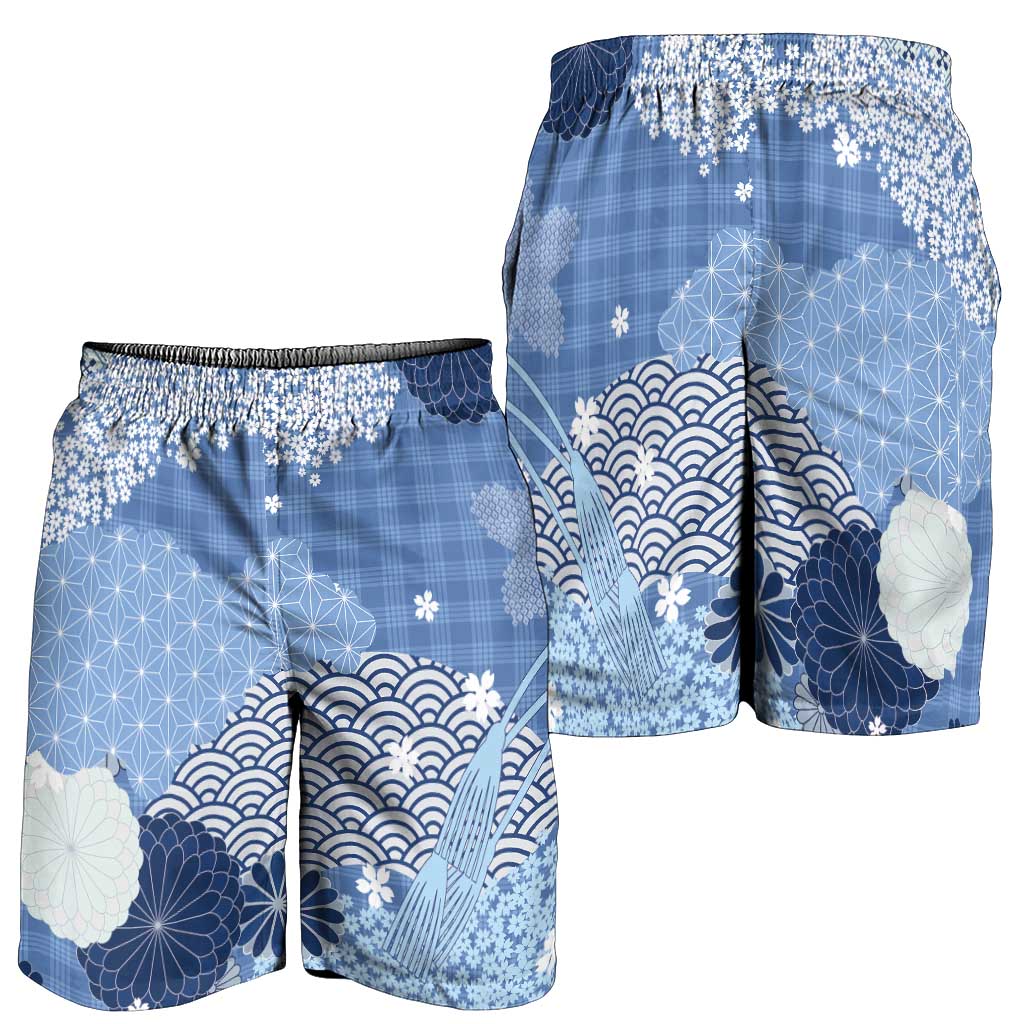 Blue Palaka Japanese Traditional Shorts for Men Asanoha Seigaiha Sakura Motif LT14 - Polynesian Pride