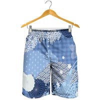Blue Palaka Japanese Traditional Shorts for Men Asanoha Seigaiha Sakura Motif LT14 - Polynesian Pride