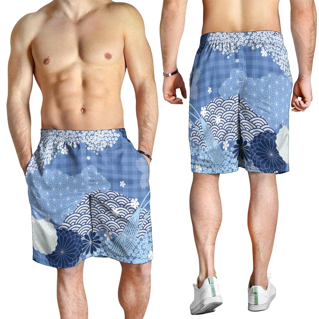 Blue Palaka Japanese Traditional Shorts for Men Asanoha Seigaiha Sakura Motif LT14 - Polynesian Pride