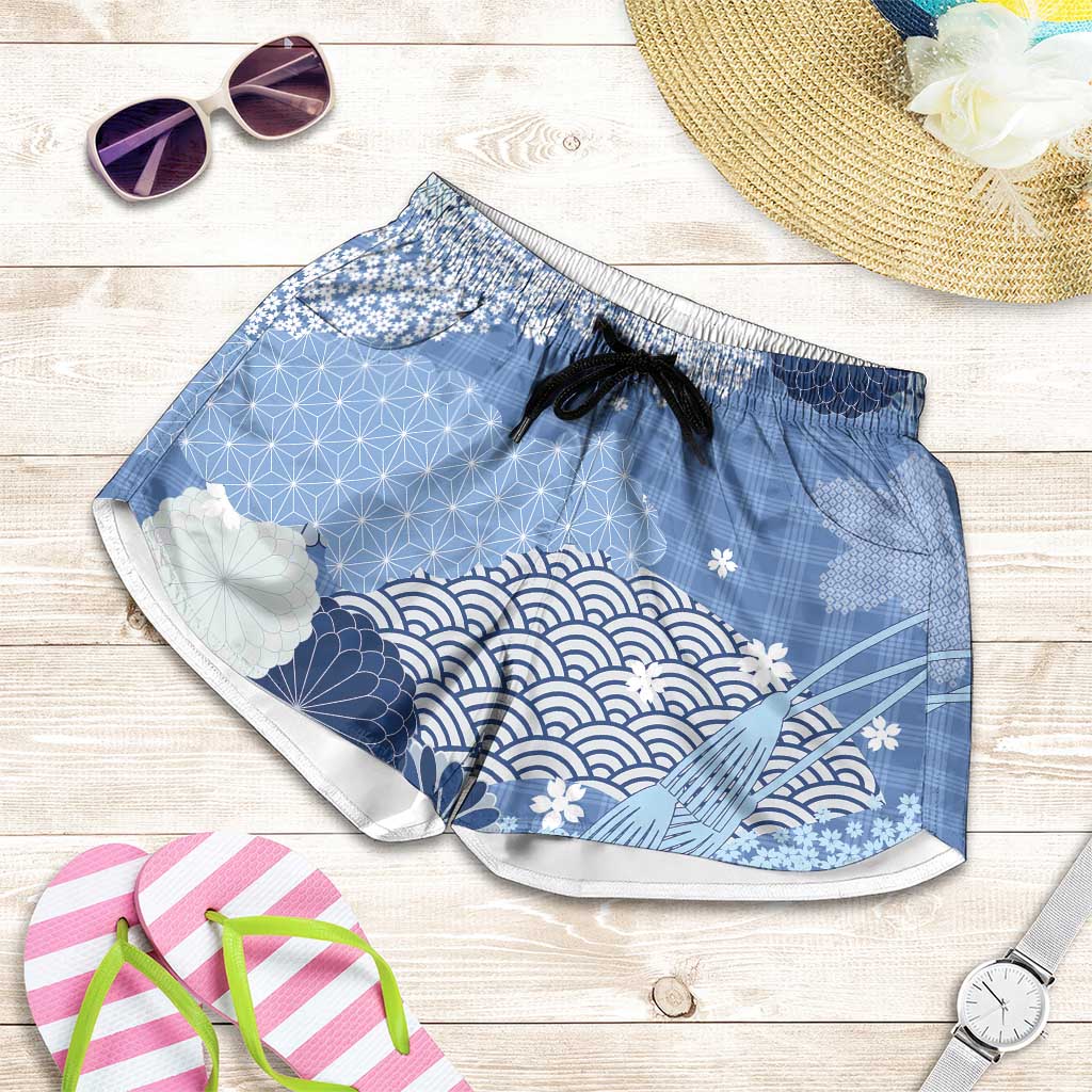 Blue Palaka Japanese Traditional Shorts for Women Asanoha Seigaiha Sakura Motif LT14 Blue - Polynesian Pride