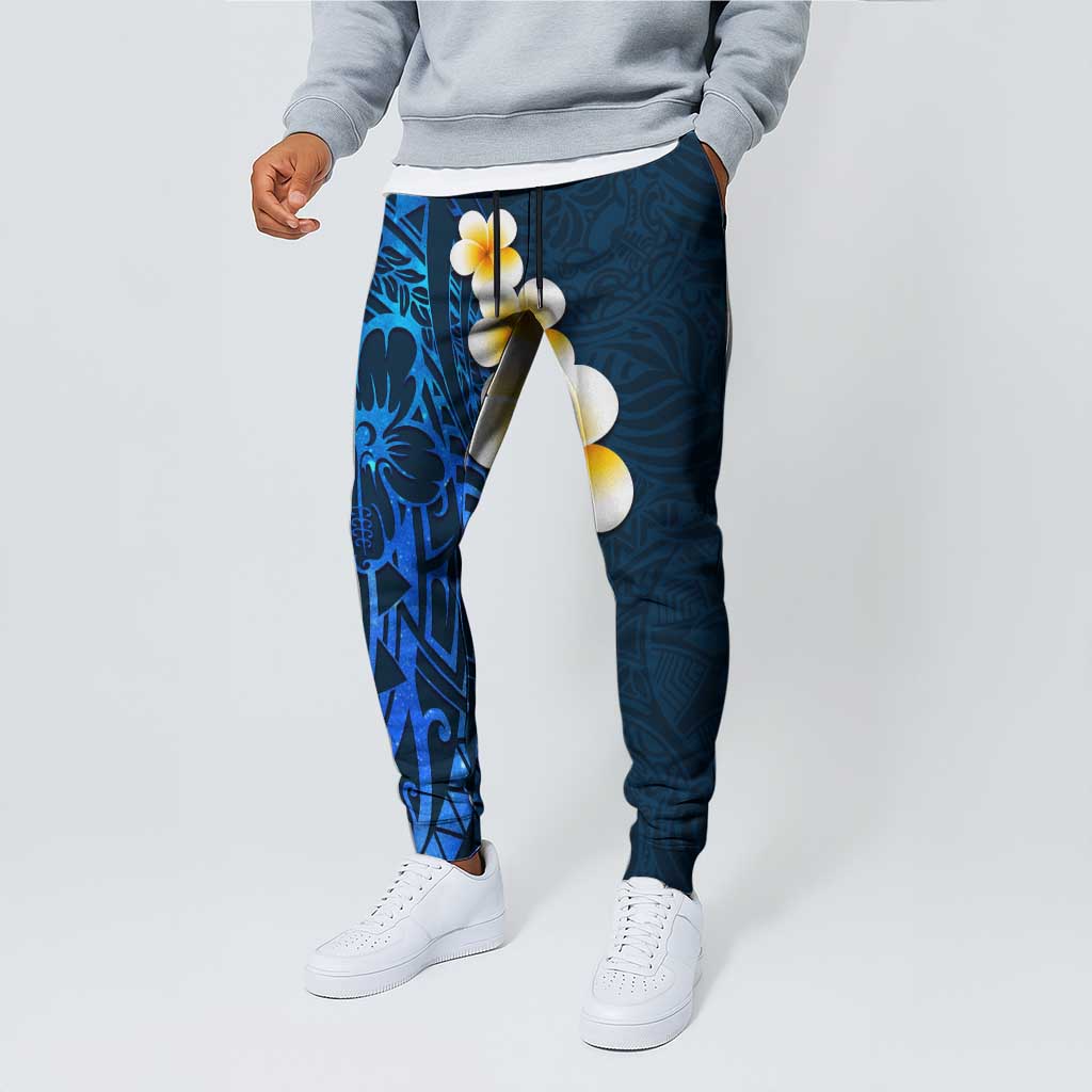 Blue Polynesia Jogger Pants Plumeria Tropical Leaves With Galaxy Polynesian Art - Polynesian Pride