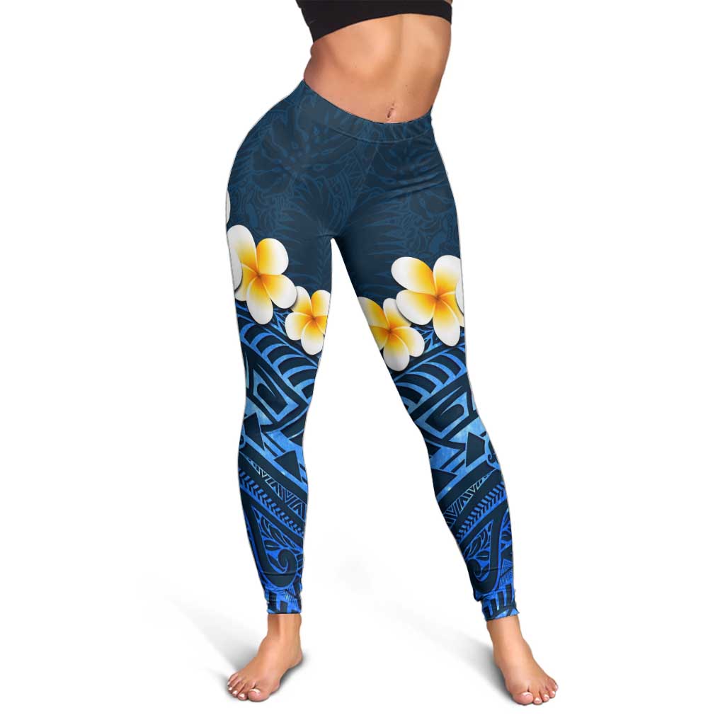 Blue Polynesia Leggings Plumeria Tropical Leaves With Galaxy Polynesian Art - Polynesian Pride