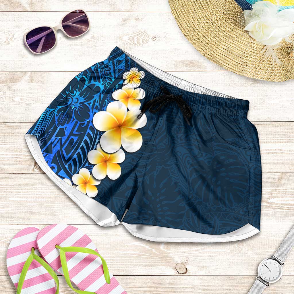 Blue Polynesia Shorts for Women Plumeria Tropical Leaves With Galaxy Polynesian Art - Polynesian Pride