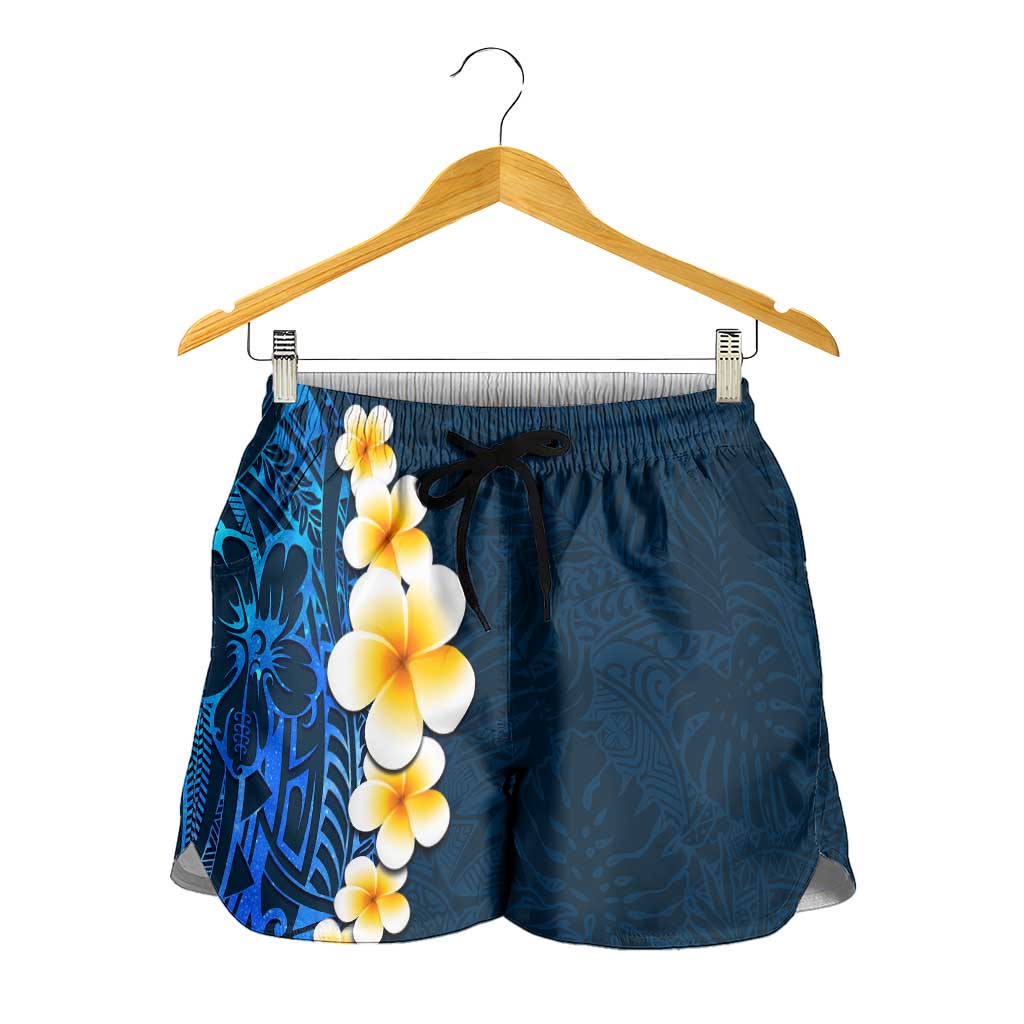 Blue Polynesia Shorts for Women Plumeria Tropical Leaves With Galaxy Polynesian Art LT14 - Polynesian Pride