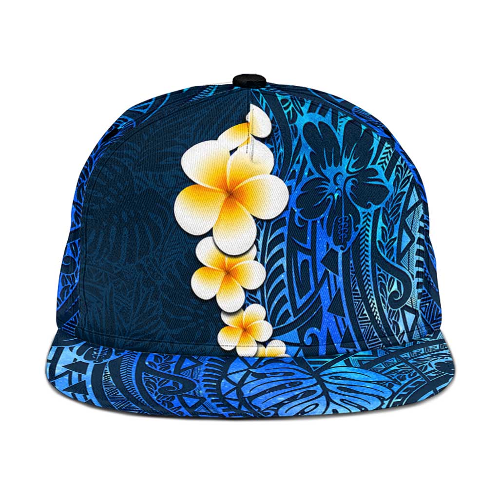 Blue Polynesia Snapback Cap Plumeria Tropical Leaves With Galaxy Polynesian Art - Polynesian Pride