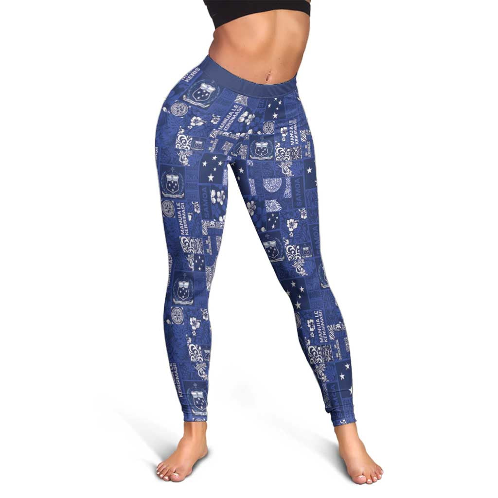 Blue Samoa Manuia Le Kerisimasi Leggings Pacific Patchwork Xmas Vibes LT9 - Polynesian Pride