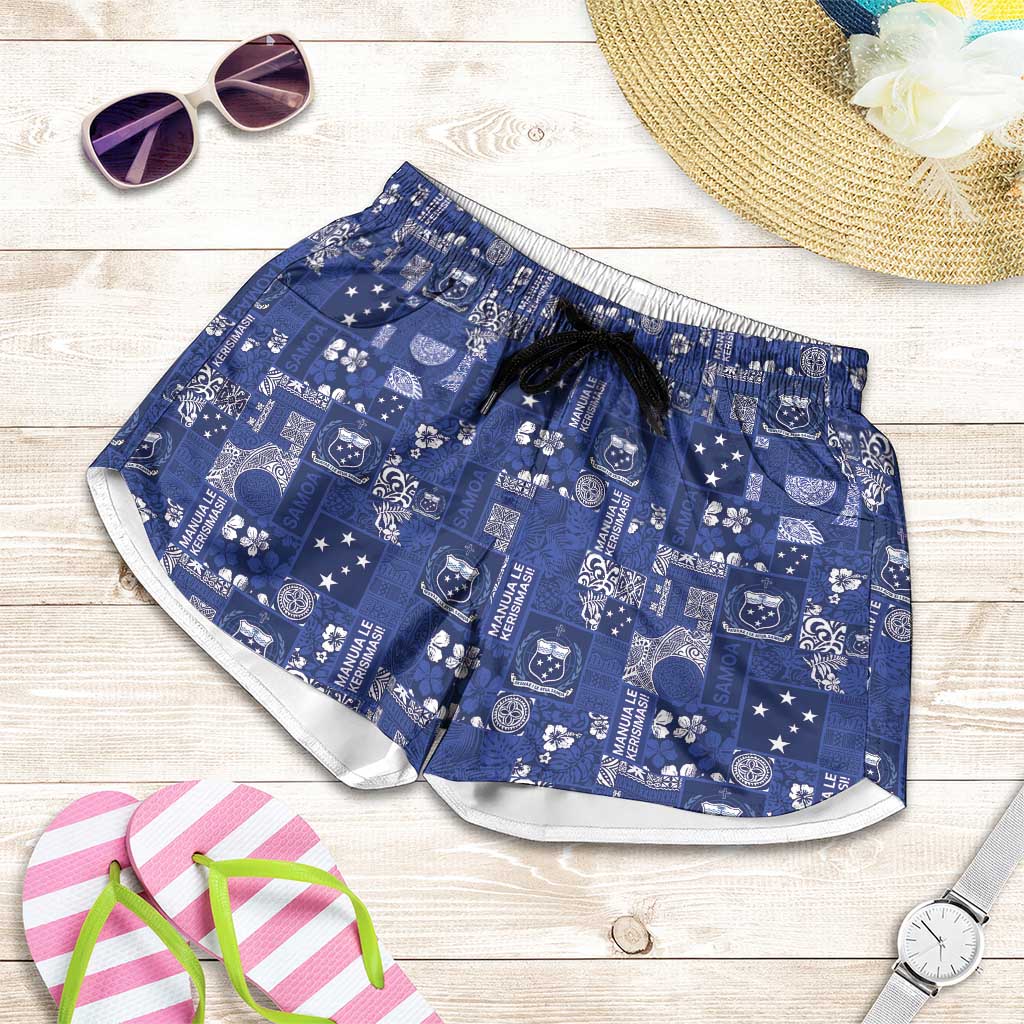 Blue Samoa Manuia Le Kerisimasi Shorts for Women Pacific Patchwork Xmas Vibes LT9 Blue - Polynesian Pride